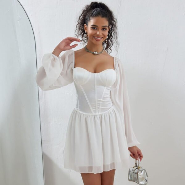 European And American Style Dress Tube Top Square Collar Mesh Stitching Satin High Waist A- Line Skirt - Image 5