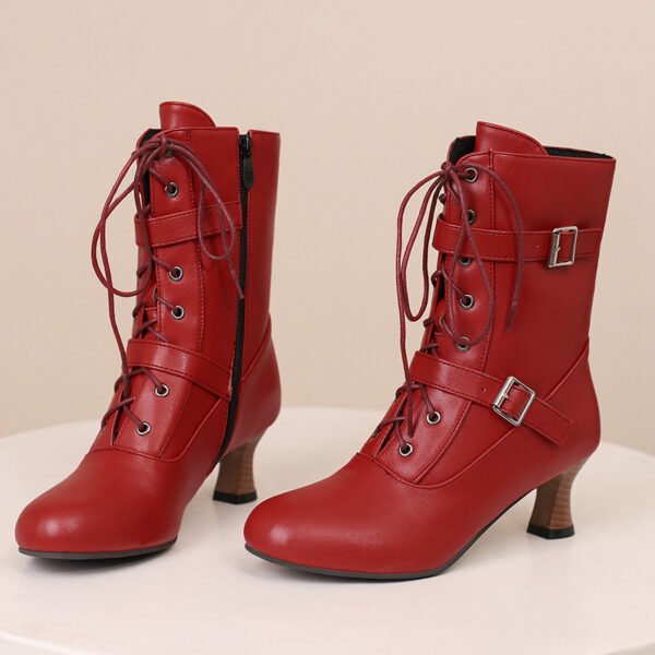 Comfortable Mid Heel Burnt Flower 40-50 Plus Size All-match Lace-up Low Tube Women's Boots - Image 3