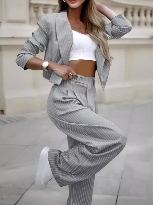 Women's Spring Fashion Striped Suits Casual Lapel Long Sleeve Cropped Top And Straight Pants Outfits Women's Clothing - Image 10