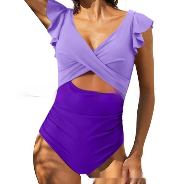 Color Contrast Patchwork Flounce Covered Belly Swimsuit - Image 2