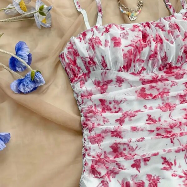 Women's Boho Floral Print Mini Dress Spaghetti Strap Ruched Ruffle Hem Vacation Sundresses - Image 8