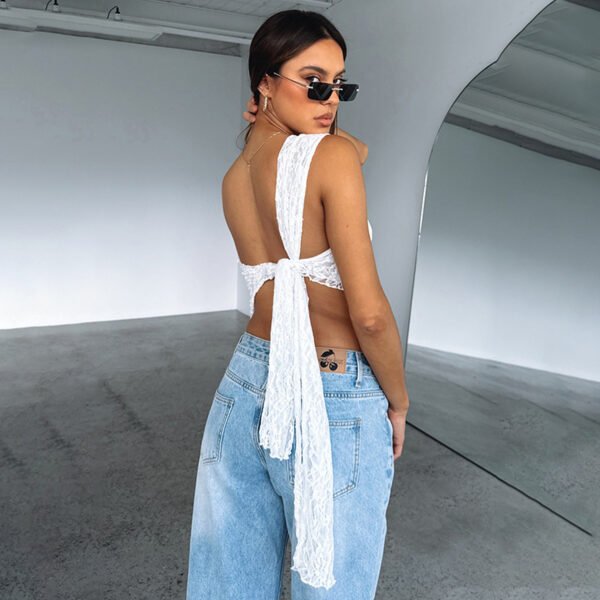 Ins Lace Backless Top Summer Solid Color Waistless Asymmetrical Sloped Neck Vest Streetwear Womens Clothes - Image 10