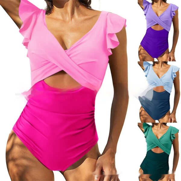 Color Contrast Patchwork Flounce Covered Belly Swimsuit