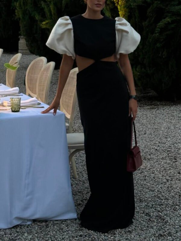 Contrast Color Balloon Sleeves Cutout Maxi Dress - Image 2