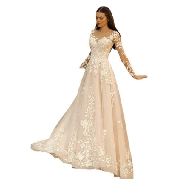 Long Sleeve Wedding Dress Mori Style Bridal Simple Round Neck - Image 6