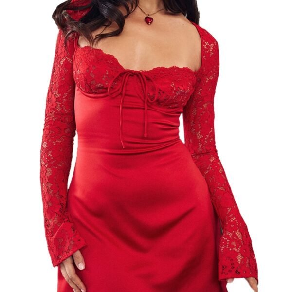 European And American Sexy Slim Fit Slimming Hot Girl Hip Skirt Lace Long Sleeve A- Line Dress Women - Image 8