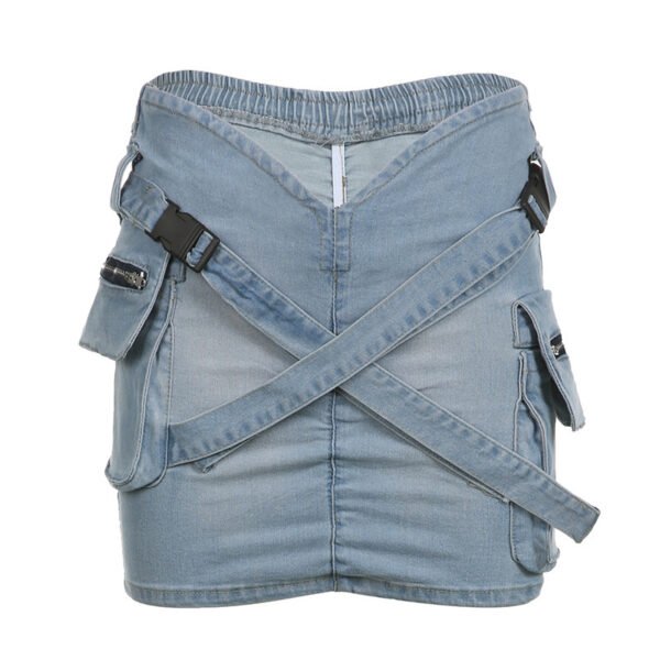 Cross School Bag Buckle Pleated V-shaped Waist Workwear With Pocket Denim Skirt - Image 3