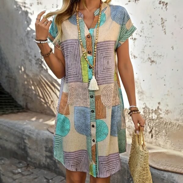 Women's Summer Geometric Print V-Neck Button Down Sundress Short Sleeve Casual Dress - Image 3