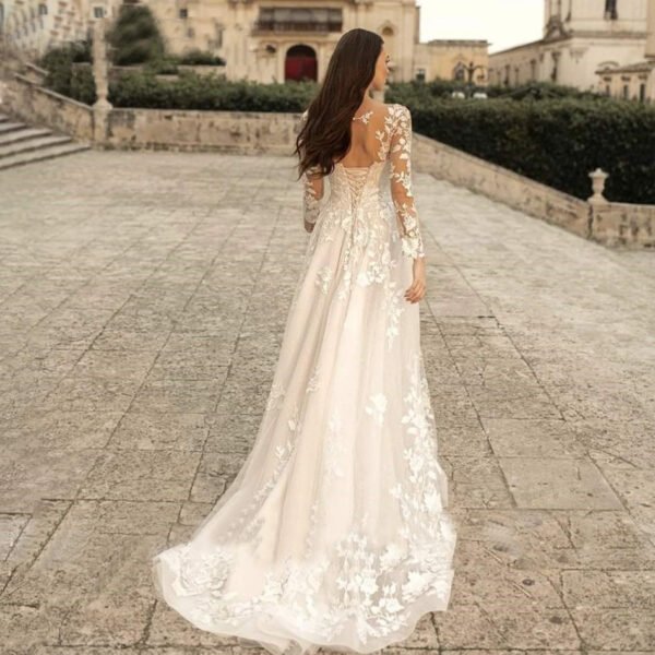 Long Sleeve Wedding Dress Mori Style Bridal Simple Round Neck - Image 9