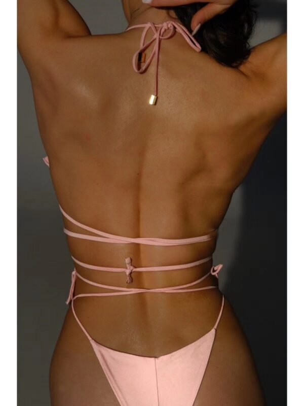 Pure Color Halter Lace-up Three-dimensional Flower Bikini Split Swimsuit - Image 3