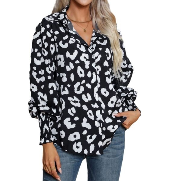 Leopard Print Lantern Sleeve Shirt Women - Image 4