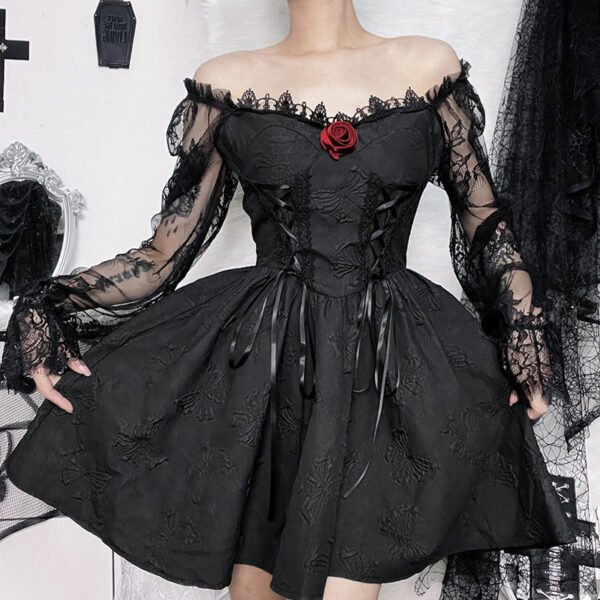 Dark Design Princess Slimming Three-dimensional Flower Lace Long Sleeve Temperament Dress - Image 10