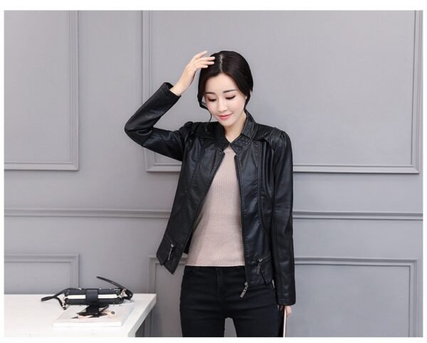 New Spring And Autumn Korean Style Motorcycle Stand-up Collar Slim Fit Slimming Leather Coat - Image 5