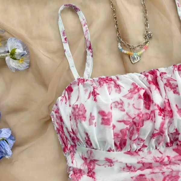 Women's Boho Floral Print Mini Dress Spaghetti Strap Ruched Ruffle Hem Vacation Sundresses - Image 4