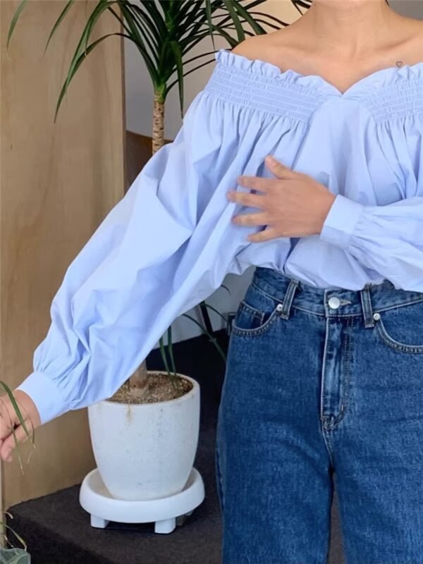 French Milk Blue And White Off-shoulder Reverse Lantern Sleeve Shirt Women - Image 4