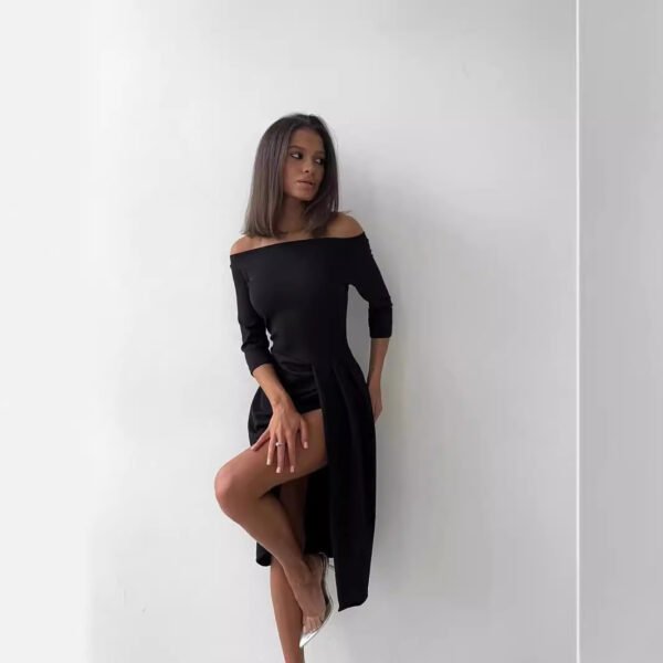 Women's Off-neck Long Sleeve Waist Slit Dress - Image 2