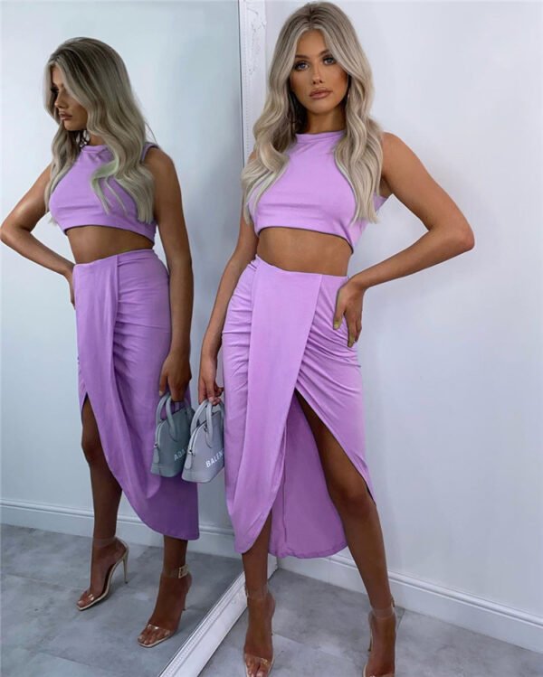 European And American Solid Color Vest Fold Split Long Skirt Two Pieces Fashion Casual Set - Image 2