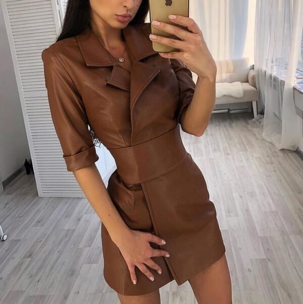 Solid Color PU Leather Suit Collar Medium Long Sleeve Women's Dress Leather Coat Belted - Image 4