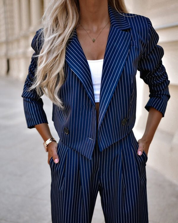 Women's Spring Fashion Striped Suits Casual Lapel Long Sleeve Cropped Top And Straight Pants Outfits Women's Clothing - Image 9
