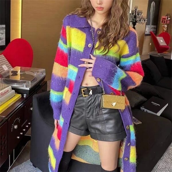 Fashion Slimming Candy Color Coat Retro Lazy Style Rainbow Striped Cardigan Sweater - Image 5