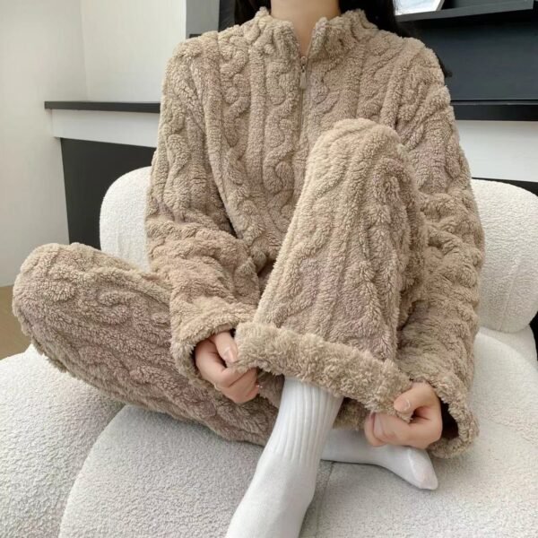 Autumn And Winter New Twist Zipper Couple Fleece-lined Thick Coral Fleece Pajamas Homewear Loungewear Sleepwear For Sleeping - Image 8