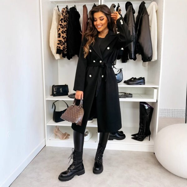 Fashion Solid Color Double-breasted Lace-up Woolen Coat - Image 6