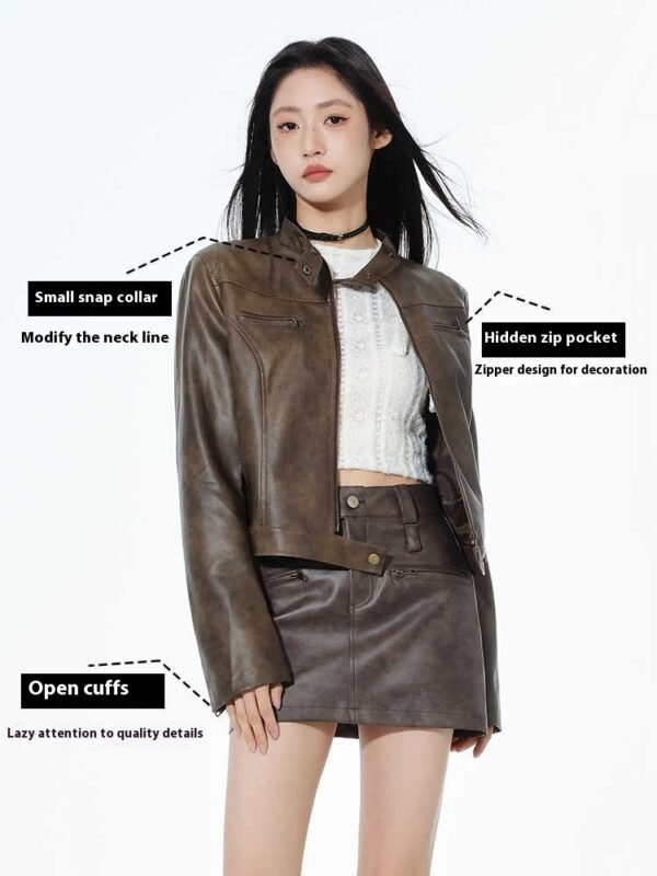 Short Leather Jacket Slim Brown Jacket Motorcycle Jacket - Image 5