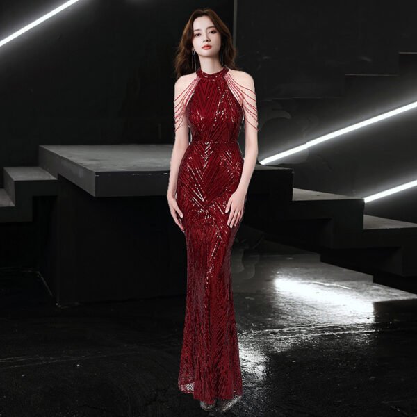 Beaded Sequined Banquet Long Halter Set Diamond Queen Fishtail Evening Gown - Image 2