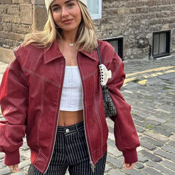 Loose Fashion Lapel Zip-up Jacket Cool Long Sleeve Zipper Closure Moto Biker Leather Jacket Womens Clothing - Image 6