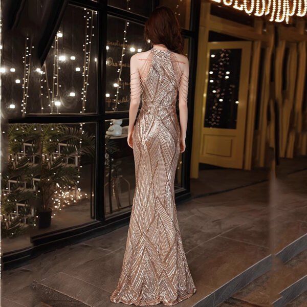 Beaded Sequined Banquet Long Halter Set Diamond Queen Fishtail Evening Gown - Image 3