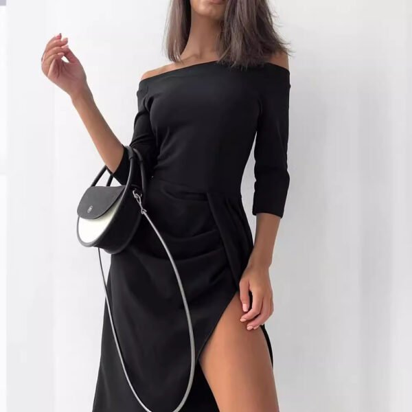 Women's Off-neck Long Sleeve Waist Slit Dress - Image 5