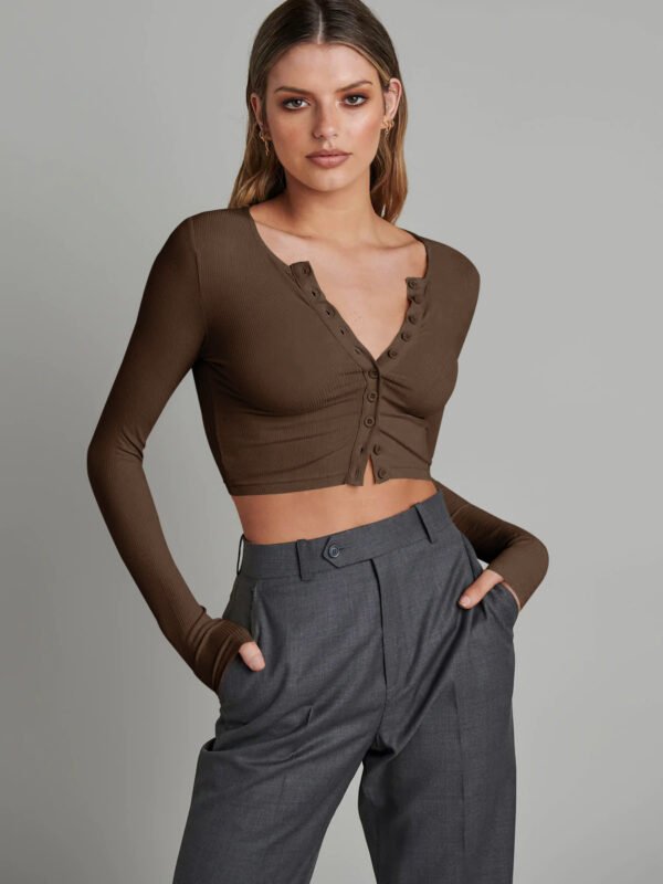 Button Rib Long Sleeve Knitted Cardigan Women's Clothes Cropped Top - Image 9