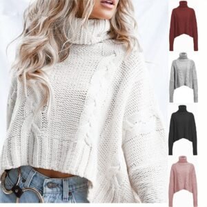 Winter New European And American Sweater Cable-knit Turtleneck Short Sweater