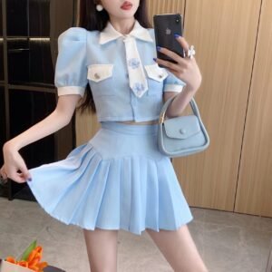 Fashionable Temperament Puff Sleeve Top Pleated Skirt Two