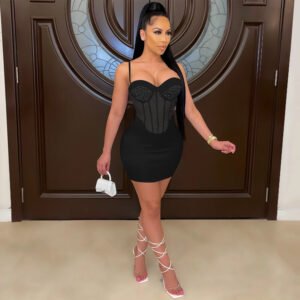 Women's Sling Wrap Breast Mesh Hot Diamond Solid Color Dress