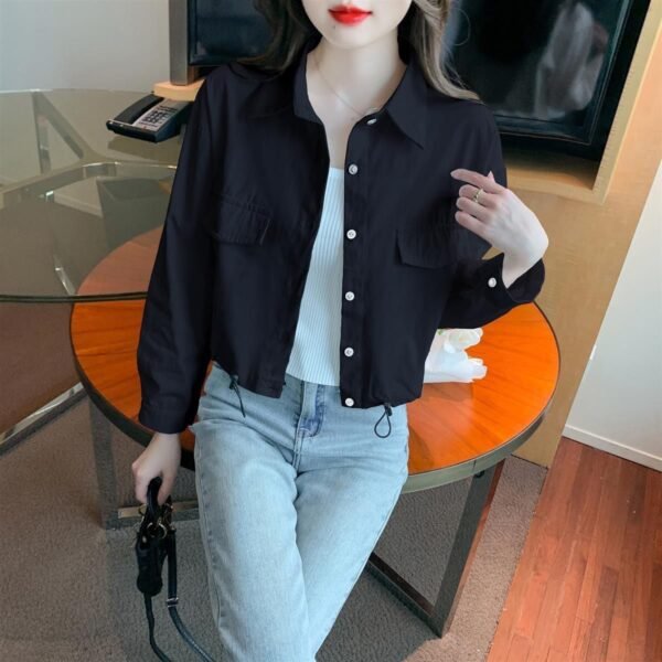 Korean Version Of Everything Loose Simple Drawstring Design Sense Long-sleeved Casual Shirt Short Top - Image 5