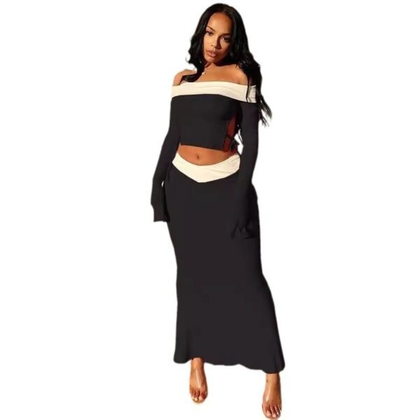 Women's Two-piece Suit With Exposed Navel And Contrast Color Coat Skirt - Image 4