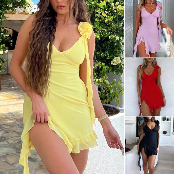 Women's Pure Color Mesh Tassel Suspender Dress - Image 2