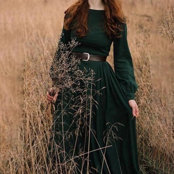 Women's Solid Color Round Neck Long Sleeve Long Dress - Image 7