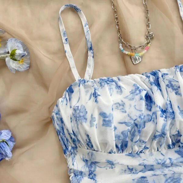 Women's Boho Floral Print Mini Dress Spaghetti Strap Ruched Ruffle Hem Vacation Sundresses - Image 10