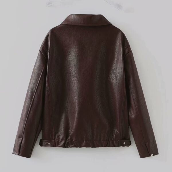Solid Color Lapel Zipper Jacket Fashion Casual Long Sleeve Leather Coat Tops Women Clothing - Image 7
