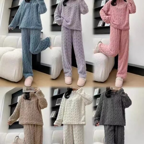 Autumn And Winter New Twist Zipper Couple Fleece-lined Thick Coral Fleece Pajamas Homewear Loungewear Sleepwear For Sleeping - Image 5