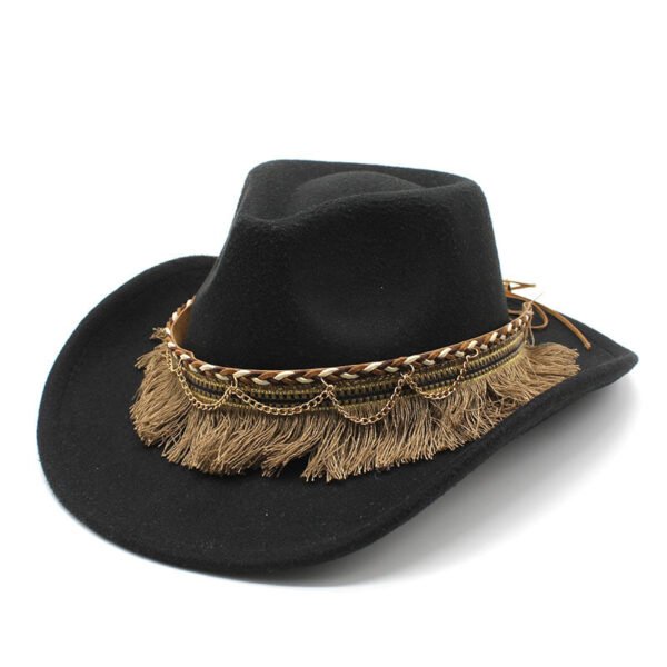 Ethnic Style Tassel Felt Cap Jazz Flat Brim Hat - Image 2