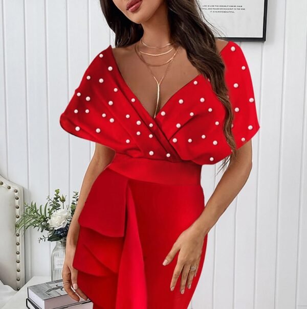Deep V Sleeveless Waist Ruffle Dress - Image 2
