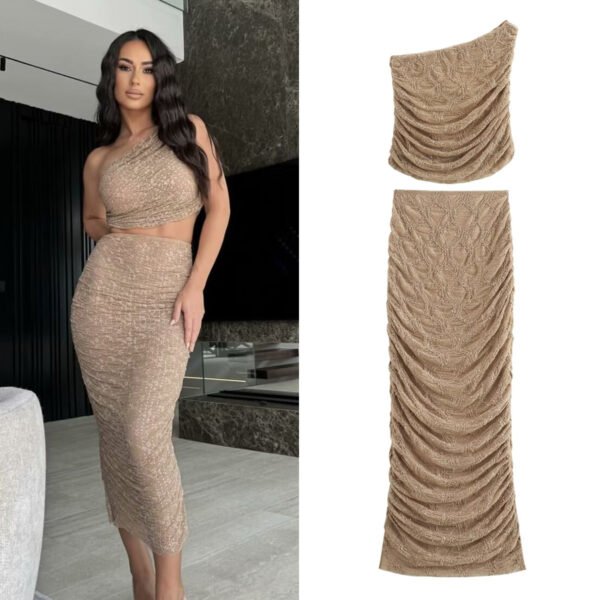 Sequined Lace Pleated Oblique Shoulder Tops Skirt Fashion Suit - Image 2