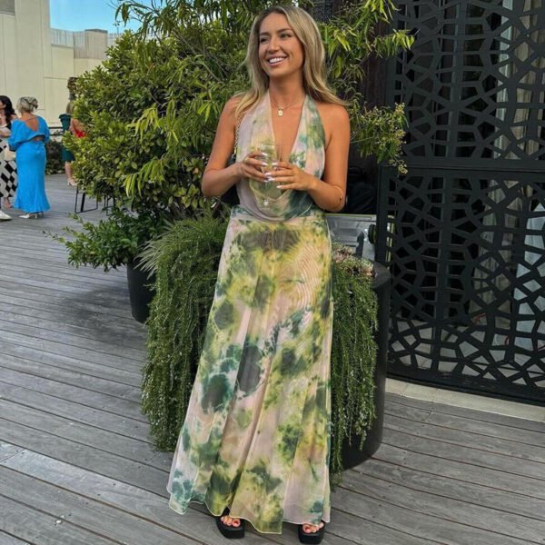 2pcs Tie Dye Printing Deep V-neck Suits Fashion Halter Backless Long Dresses For Beach Party Womens Clothing - Image 8