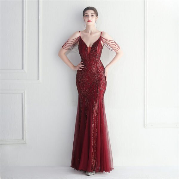 Mesh Beaded Bridal Wedding Dinner Long Camisole Evening Gown - Image 2