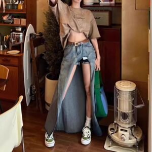 Retro Gradient High Waist Slit Denim Skirt