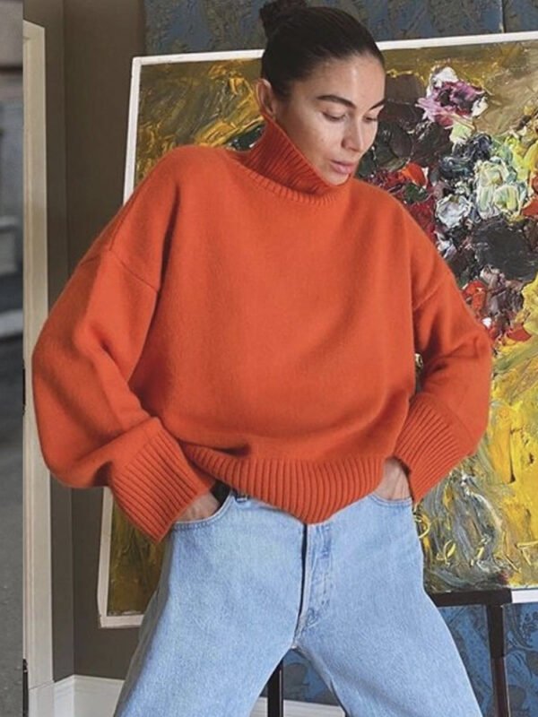 Women's Multi-color Turtleneck Solid Color Sweater Loose Pullover Stand Collar - Image 4