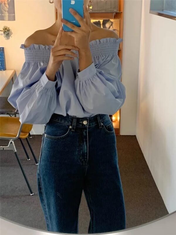 French Milk Blue And White Off-shoulder Reverse Lantern Sleeve Shirt Women - Image 2